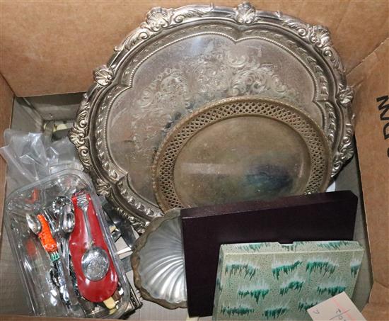 Silver ashtray, fork and 2 spoons & qty plated flatware, tray etc